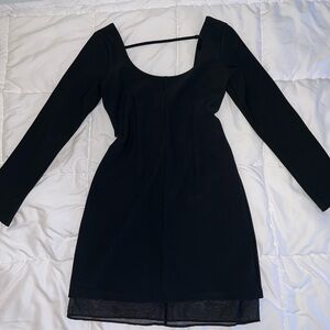 Black Long-Sleeve Scoop Neck Dress with Mesh Detail